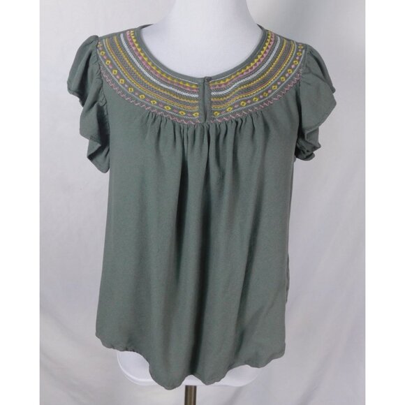 Spense Embroidered Boho Top M Sage Green Flutter Sleeve Blouse - Picture 1 of 10